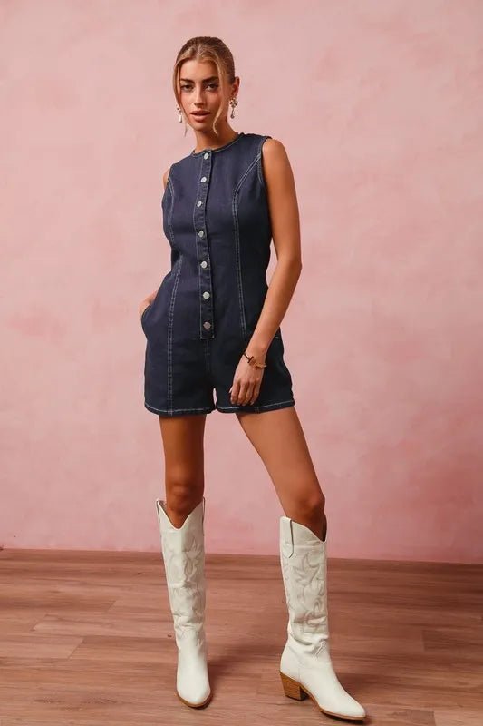 SO ME - Dark Denim Sleeveless Button Romper