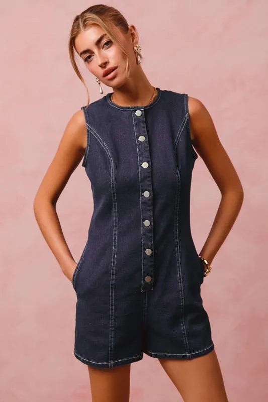 SO ME - Dark Denim Sleeveless Button Romper