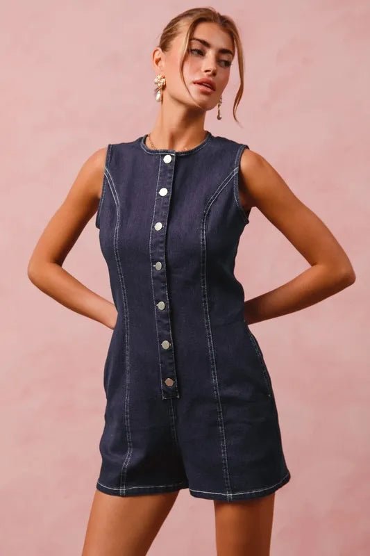 SO ME - Dark Denim Sleeveless Button Romper