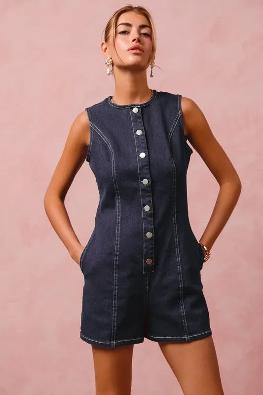 SO ME - Dark Denim Sleeveless Button Romper
