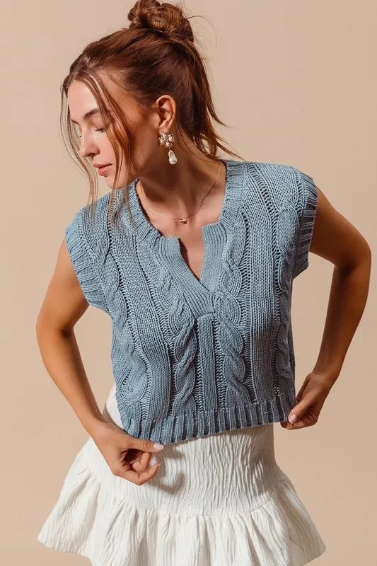 SO ME - Dusty Blue Cable Knit V - Neck Sleeveless Sweater