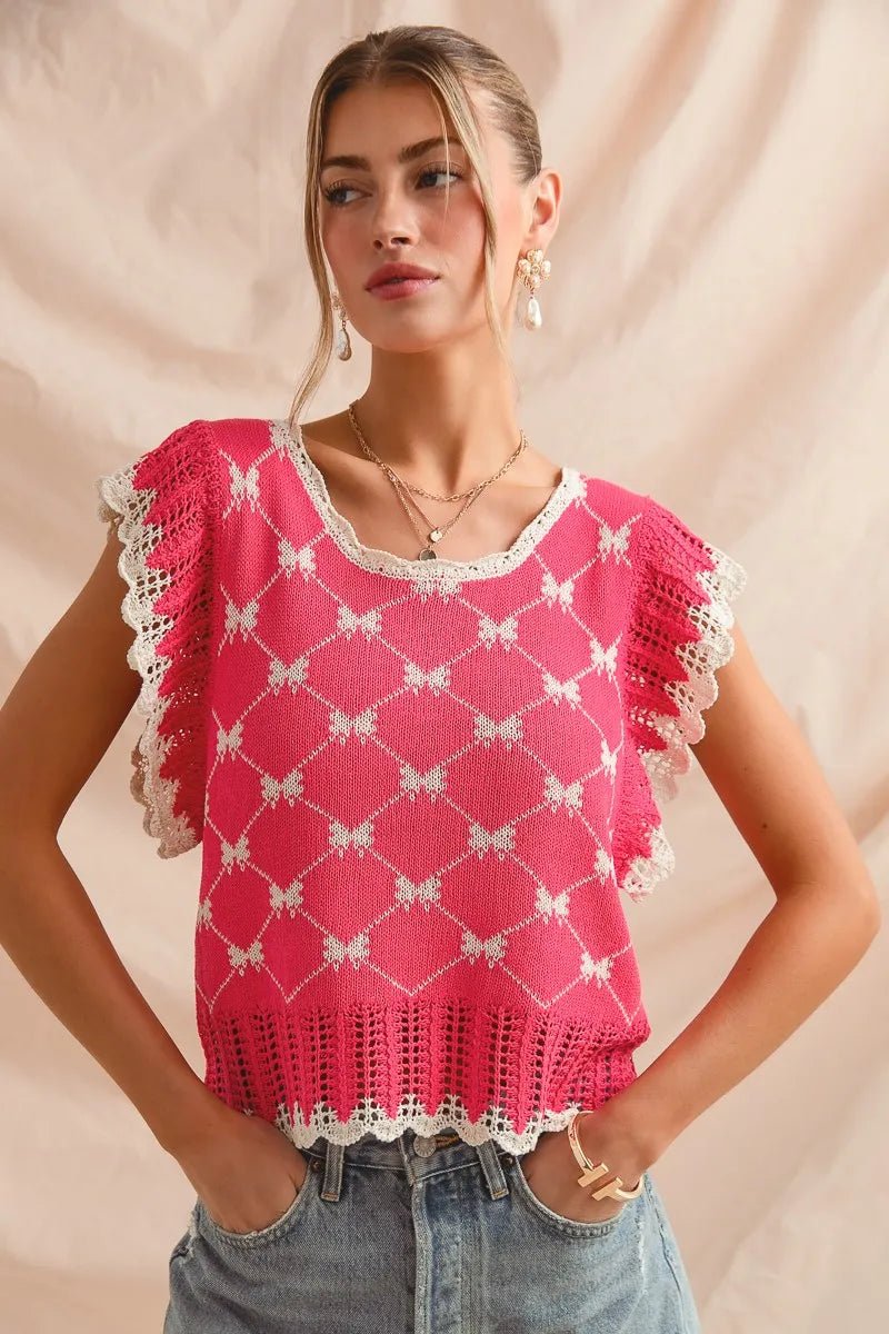 SO ME - Hot Pink & Cream Crochet Trim Bow Knit Top