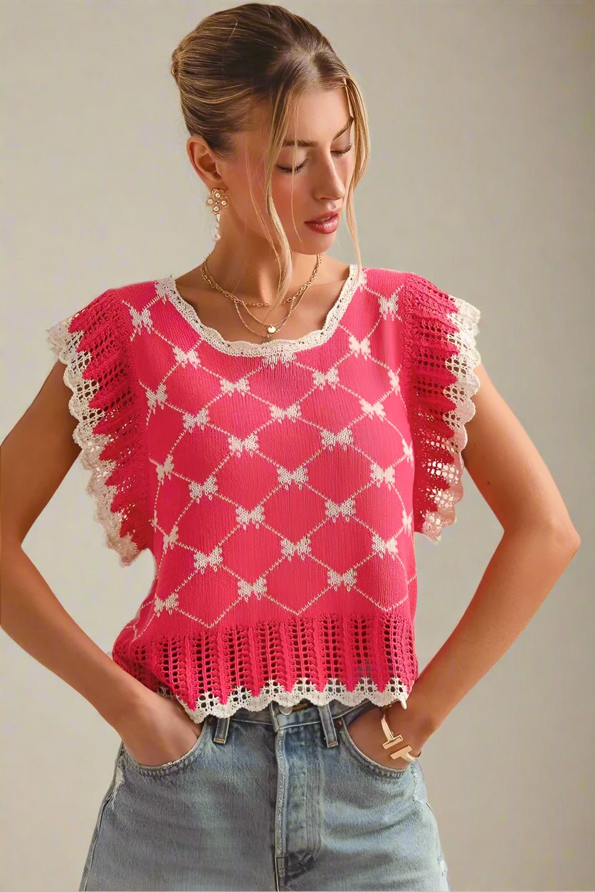 SO ME - Hot Pink & Cream Crochet Trim Bow Knit Top