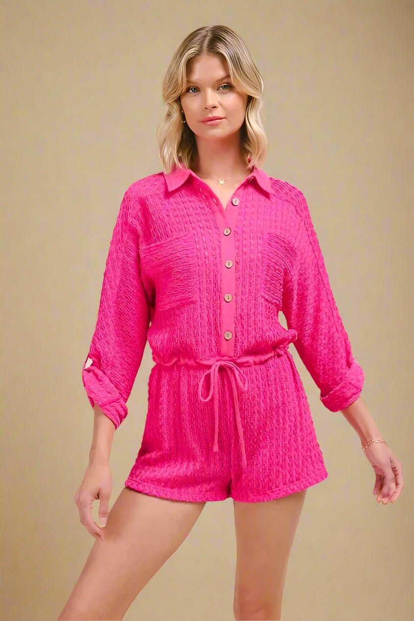 SO ME - Hot Pink Textured Button - Up Romper