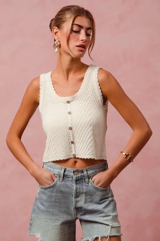 SO ME - Ivory Button Front Knit Tank Top