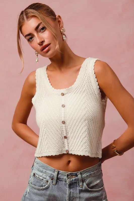 SO ME - Ivory Button Front Knit Tank Top
