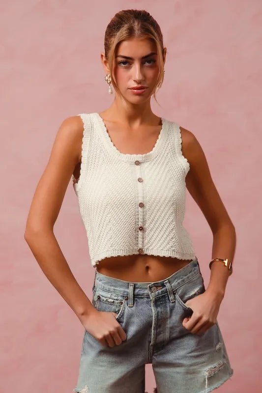 SO ME - Ivory Button Front Knit Tank Top