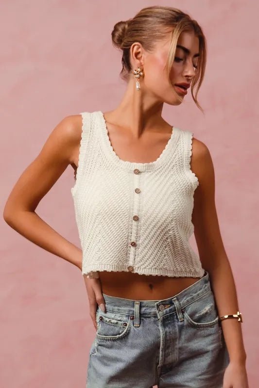 SO ME - Ivory Button Front Knit Tank Top