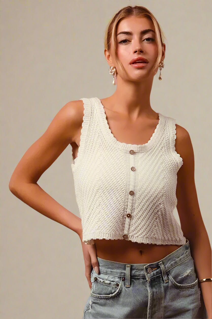 SO ME - Ivory Button Front Knit Tank Top