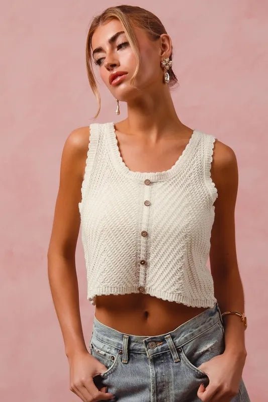 SO ME - Ivory Button Front Knit Tank Top