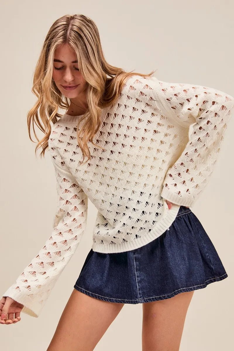 SO ME - Ivory Pointelle Open Knit Sweater