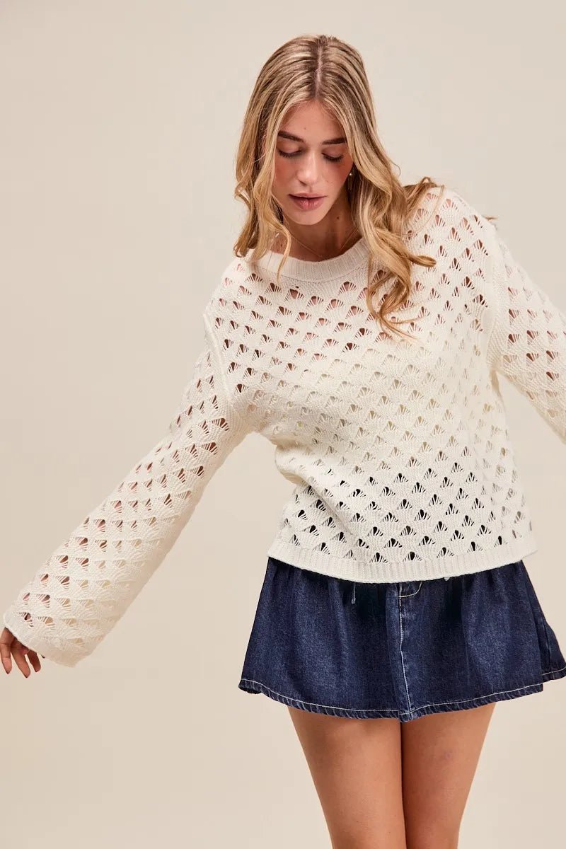 SO ME - Ivory Pointelle Open Knit Sweater