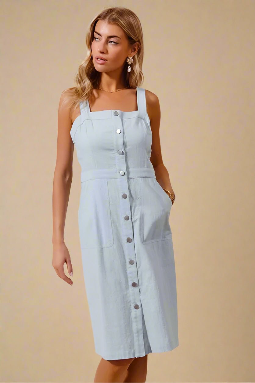 SO ME - Light Chambray Button - Front Midi Dress