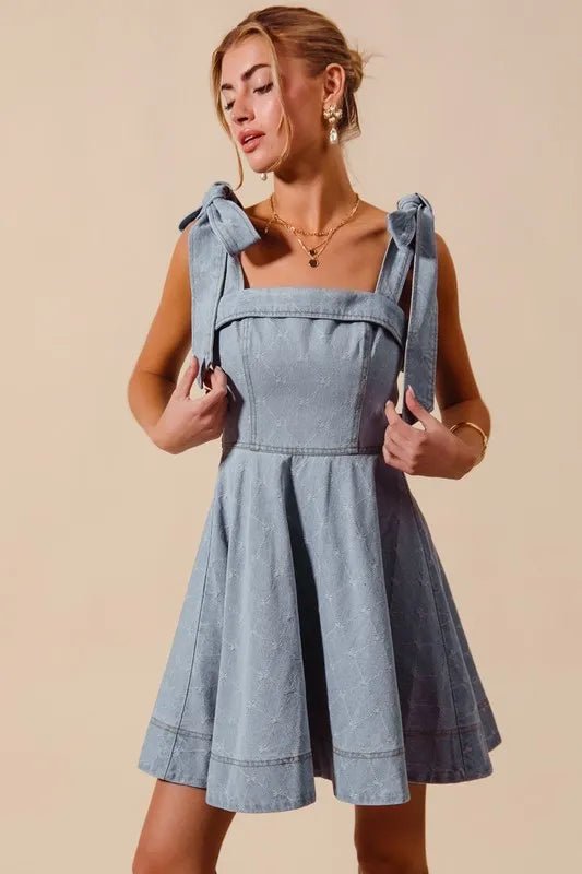SO ME - Light Denim Bow Strap Fit - and - Flare Mini Dress