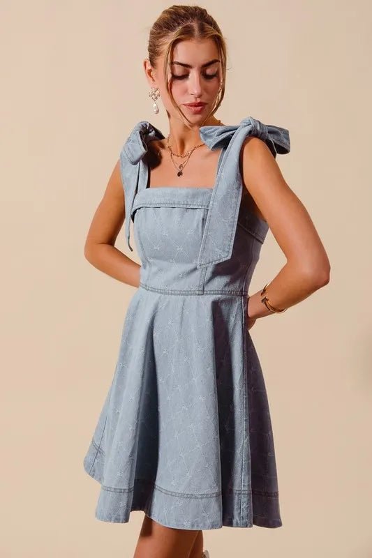 SO ME - Light Denim Bow Strap Fit - and - Flare Mini Dress
