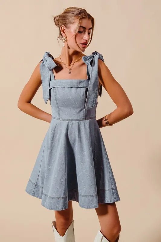 SO ME - Light Denim Bow Strap Fit - and - Flare Mini Dress