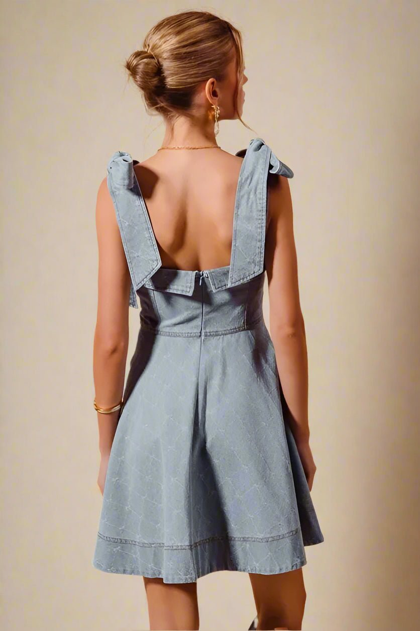 SO ME - Light Denim Bow Strap Fit - and - Flare Mini Dress