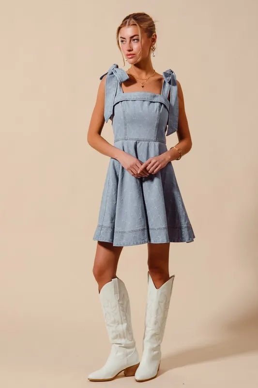 SO ME - Light Denim Bow Strap Fit - and - Flare Mini Dress