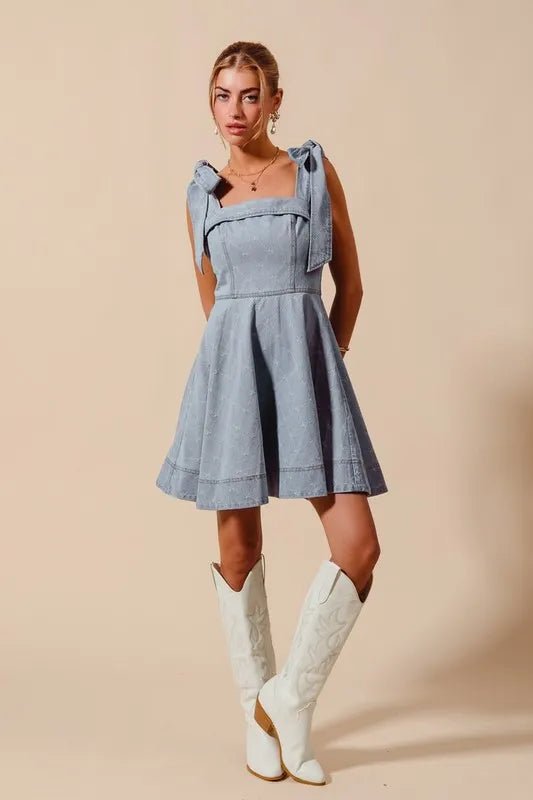 SO ME - Light Denim Bow Strap Fit - and - Flare Mini Dress