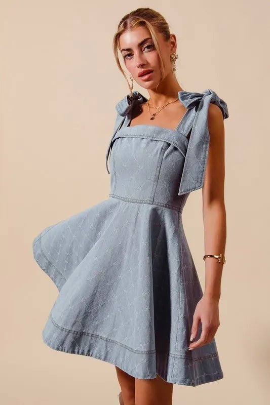 SO ME - Light Denim Bow Strap Fit - and - Flare Mini Dress