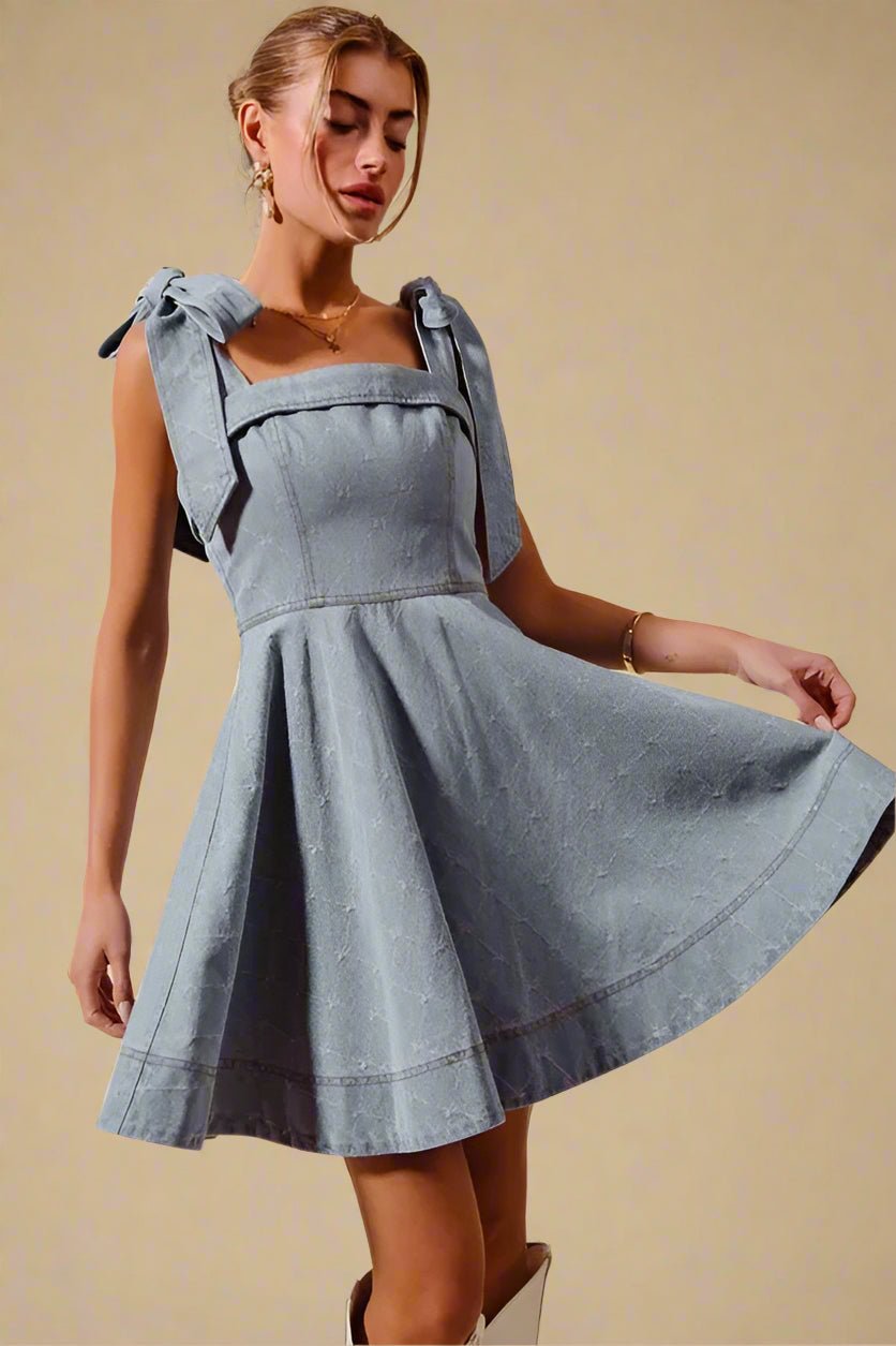 SO ME - Light Denim Bow Strap Fit - and - Flare Mini Dress
