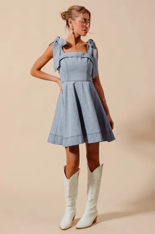 SO ME - Light Denim Bow Strap Fit - and - Flare Mini Dress