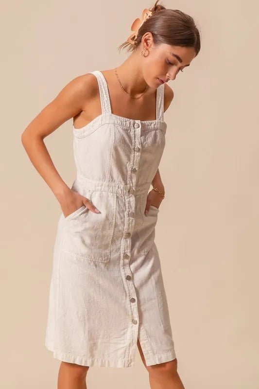 SO ME - Natural Button Front Cotton Midi Dress