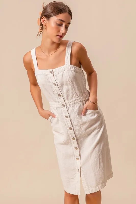 SO ME - Natural Button Front Cotton Midi Dress