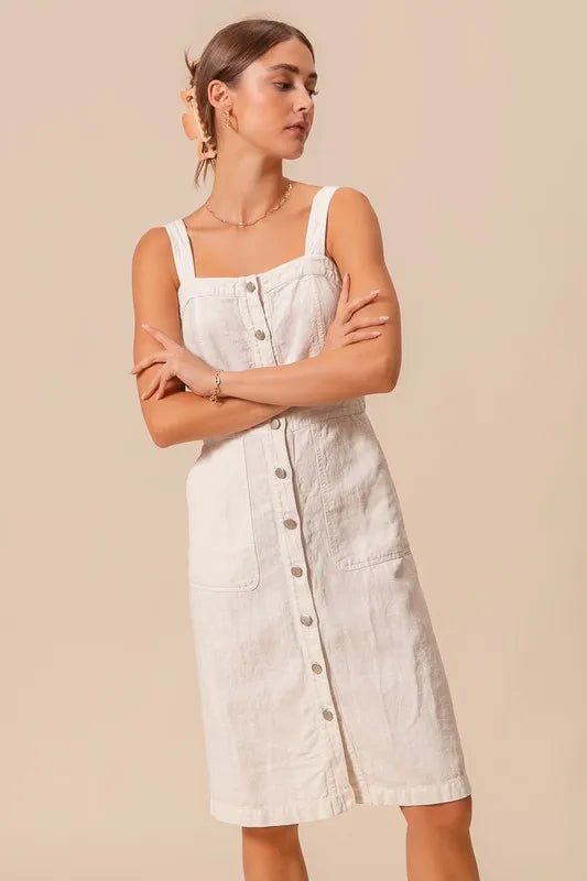 SO ME - Natural Button Front Cotton Midi Dress