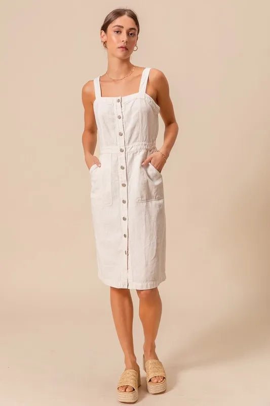 SO ME - Natural Button Front Cotton Midi Dress