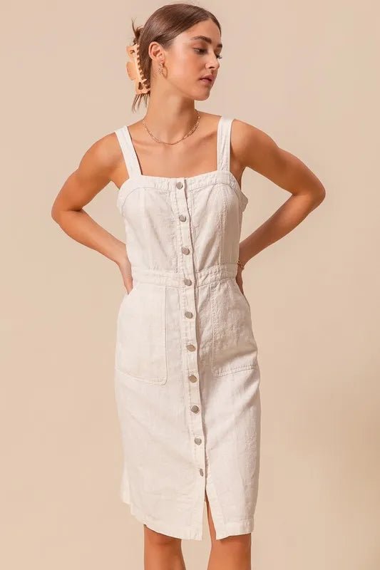 SO ME - Natural Button Front Cotton Midi Dress