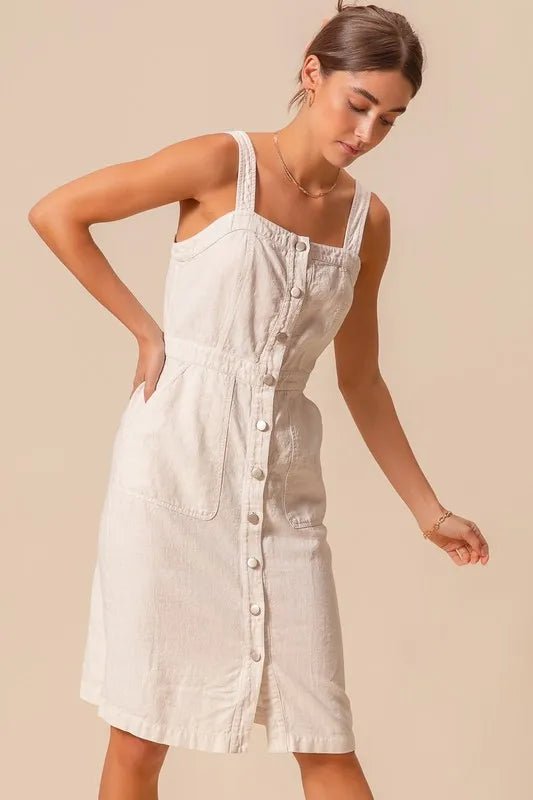 SO ME - Natural Button Front Cotton Midi Dress
