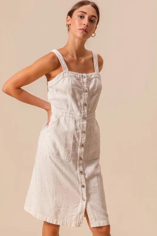 SO ME - Natural Button Front Cotton Midi Dress