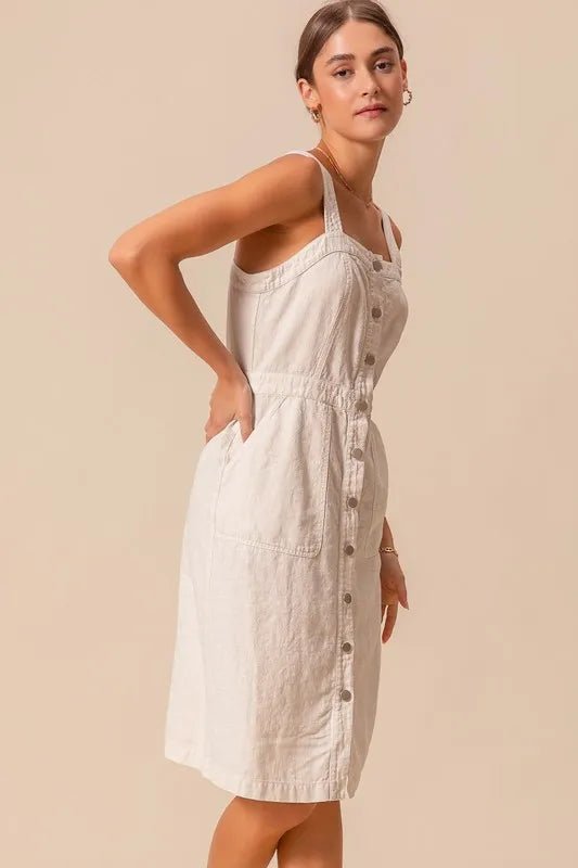 SO ME - Natural Button Front Cotton Midi Dress