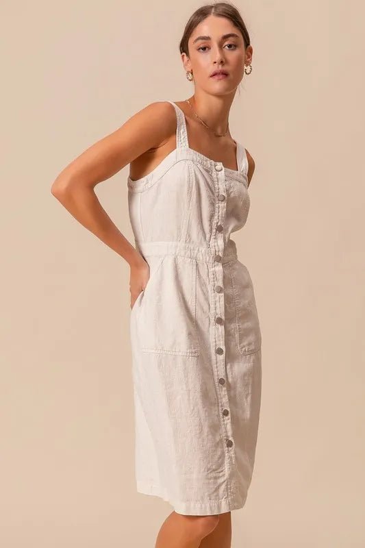 SO ME - Natural Button Front Cotton Midi Dress
