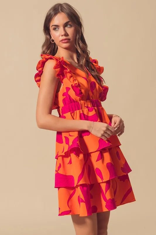 SO ME - Orange & Fuchsia Tiered Ruffle Mini Dress