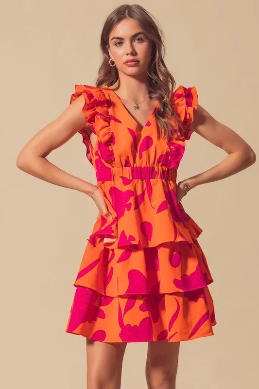 SO ME - Orange & Fuchsia Tiered Ruffle Mini Dress
