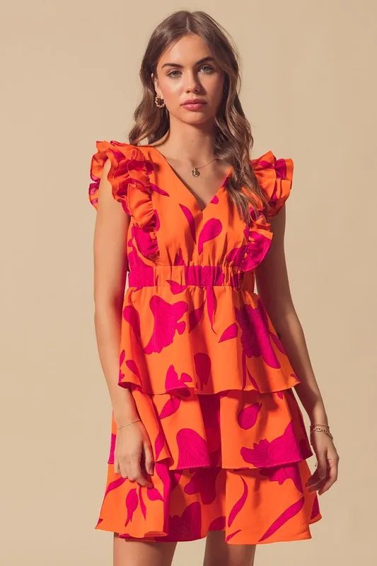 SO ME - Orange & Fuchsia Tiered Ruffle Mini Dress