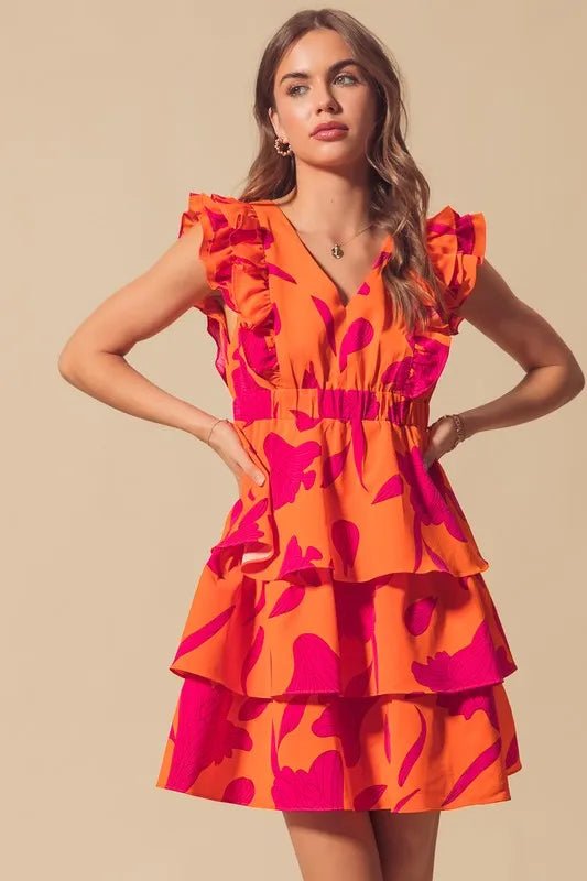 SO ME - Orange & Fuchsia Tiered Ruffle Mini Dress