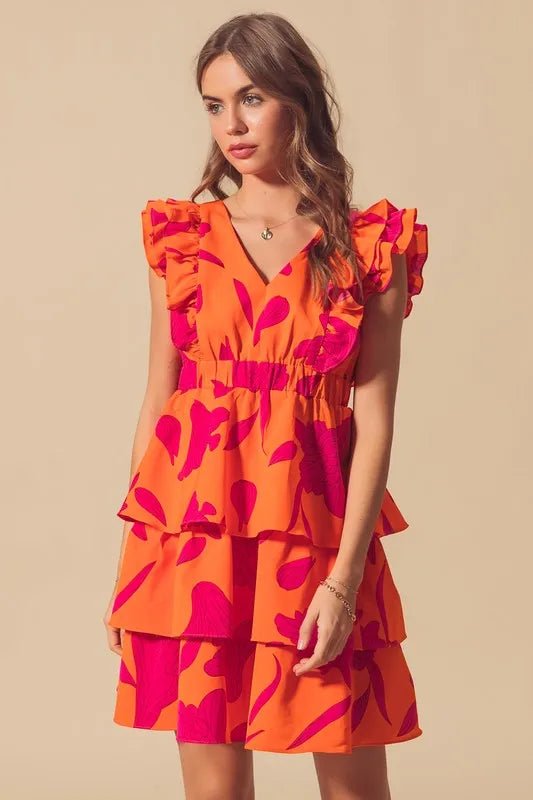 SO ME - Orange & Fuchsia Tiered Ruffle Mini Dress