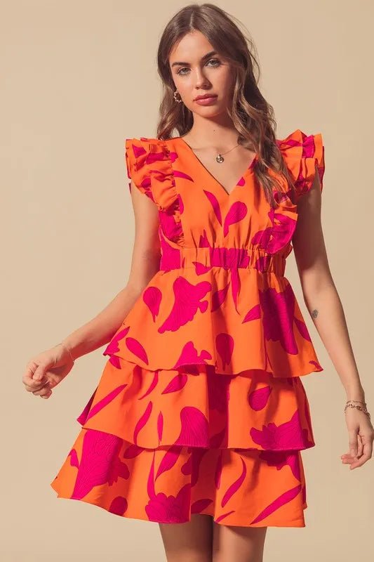 SO ME - Orange & Fuchsia Tiered Ruffle Mini Dress