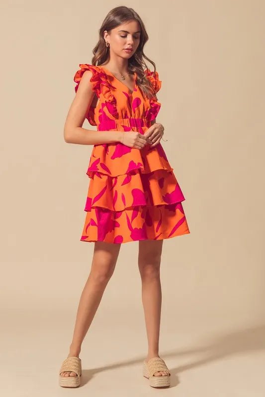 SO ME - Orange & Fuchsia Tiered Ruffle Mini Dress