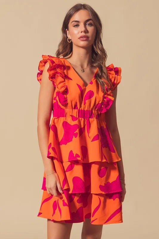 SO ME - Orange & Fuchsia Tiered Ruffle Mini Dress