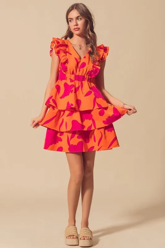 SO ME - Orange & Fuchsia Tiered Ruffle Mini Dress