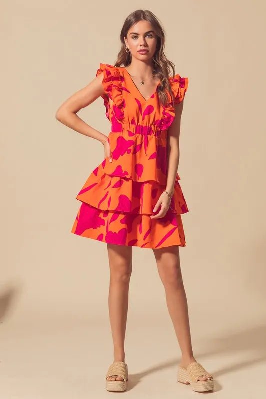 SO ME - Orange & Fuchsia Tiered Ruffle Mini Dress