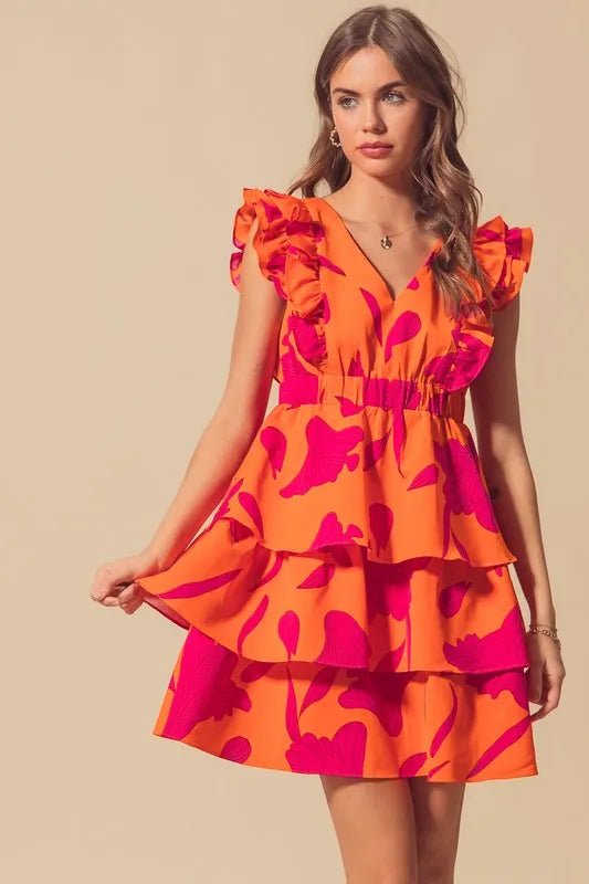 SO ME - Orange & Fuchsia Tiered Ruffle Mini Dress