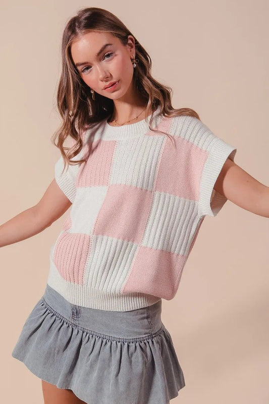 SO ME - Pink & Ivory Checkerboard Knit Cap Sleeve Top