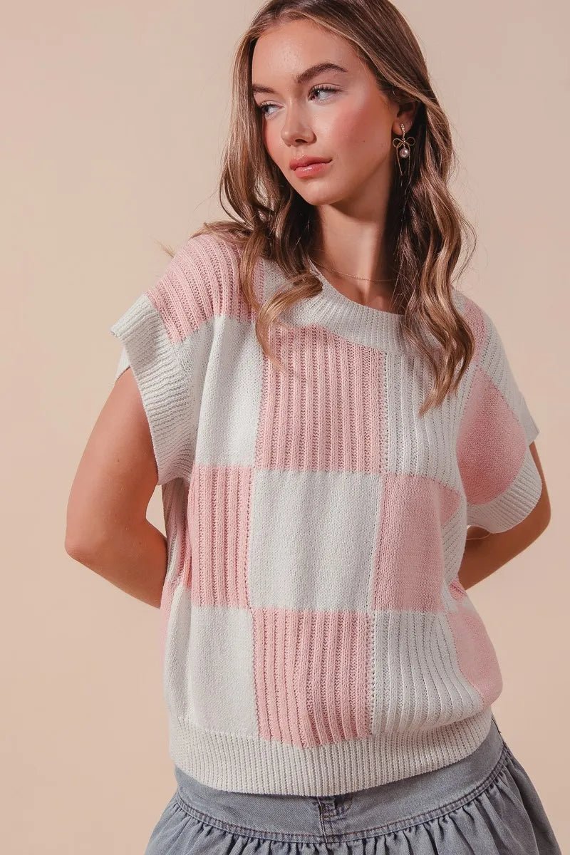 SO ME - Pink & Ivory Checkerboard Knit Cap Sleeve Top
