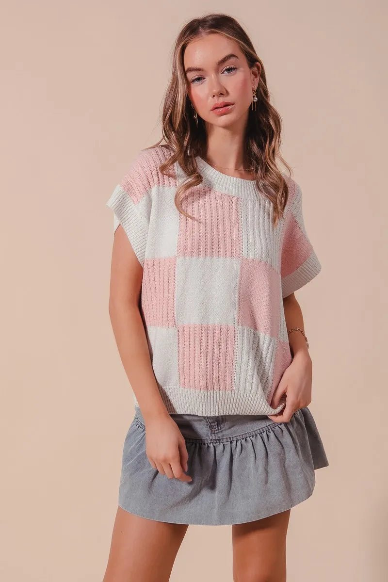 SO ME - Pink & Ivory Checkerboard Knit Cap Sleeve Top