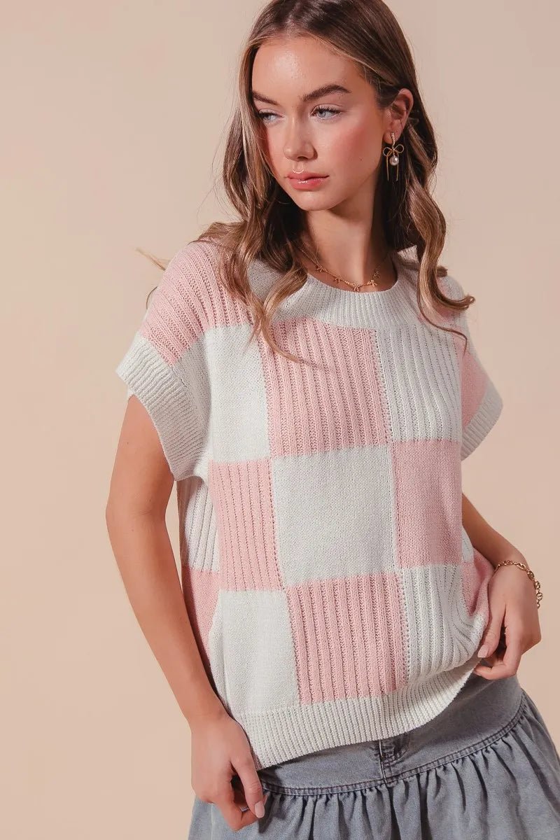 SO ME - Pink & Ivory Checkerboard Knit Cap Sleeve Top